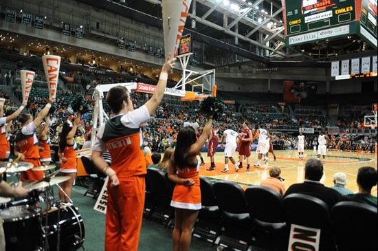 University of Miami Cheerleaders entertain fans as the Hurricanes played host to the Boston College Eagles at the BankUnited Center on January 15,...