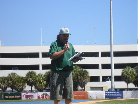 Emcee Jay Rokeach welcomes the fans to Alex Rodriguez Park at Mark Light Field