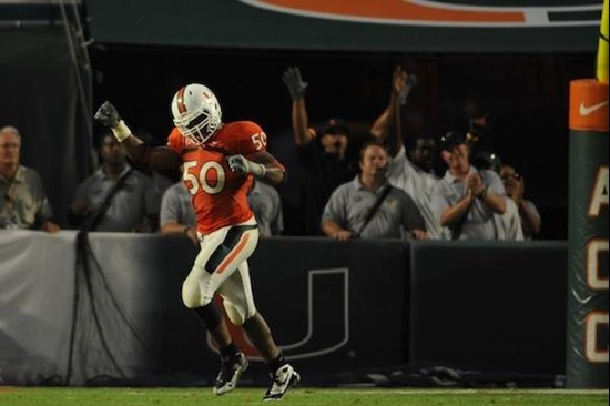 University of Miami Hurricanes linebacker Darryl Sharpton #50 plays in a game against the Clemson Tigers at Land Shark Stadium on October 24, 2009. ...