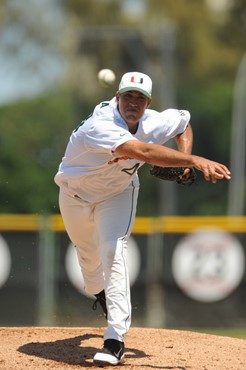 University of Miami Pitcher, E.J. Encinosa #44, starts in a game against Georgia Tech at Alex Rodriguez Park on March 26, 2011.  Photos by Steven...