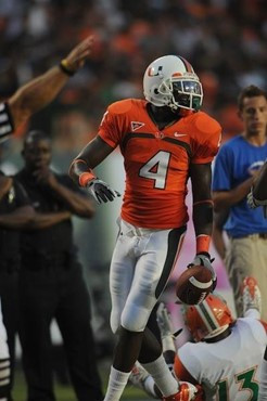 University of Miami Hurricanes wide receiver Aldarius Johnson #4 catches a pass against the Florida A&amp;M Rattlers at Sun Life Stadium on September...