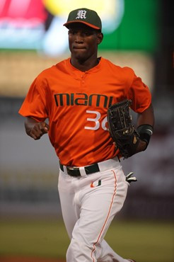 University of Miami outfielder, Dale Carey #36, plays in a game against Illinois State at Alex Rodriguez Park on March 8, 2011.  Photos by Steven...
