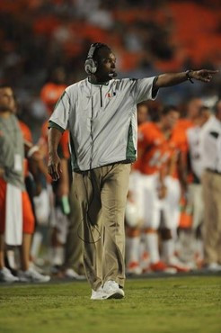 University of Miami Hurricanes head coach Randy Shannon calls in a play in a game against the FAMU Rattlers at Sun Life Stadium on September 2, 2010. ...