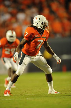 University of Miami Hurricanes defensive back Vaughn Telemaque #7 plays in a game against the Virginia Cavaliers at Sun Life Stadium on October 27,...