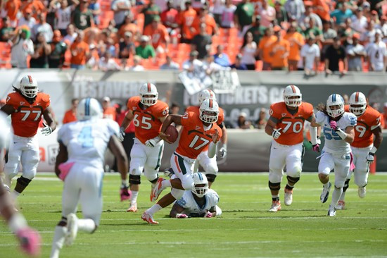University of Miami Hurricanes quarterback Stephen Morris #17 plays in a game against the North Carolina Tar Heels at Sun Life Stadium on October 13,...