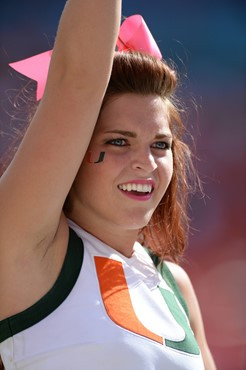 A University of Miami Hurricane cheerleader shows her team spirit in a game against the Cincinnati Bearcats at Sun Life Stadium on October 11, 2014. ...