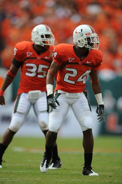 University of Miami Hurricanes defensive back Chavez Grant #24 and safety Lovon Ponder #35 against The Florida State Seminoles at Dolphin Stadium on...