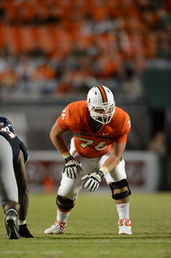 Taylor Gadbois #76 and the University of Miami Hurricanes defeated the Florida Atlantic Owls at Sun Life Stadium by a final score of 34-6 on August...