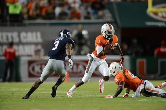 University of Miami Hurricanes defensive back Artie Bums #1 plays in a game against the Florida Atlantic University Owls at Sun Life Stadium on August...