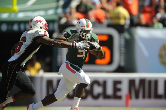 University of Miami Hurricanes running back Mike James #5 carries the ball against the Maryland Terrapins at Sun Life Stadium on November 6, 2010. ...