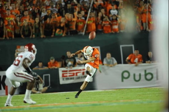 University of Miami Hurricanes kick off in a game against the Oklahoma Sooners at Land Shark Stadium on October 3, 2009.  Photo by Steven Murphy, SPN