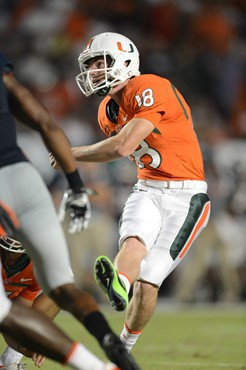 University of Miami Hurricanes kicker Matt Goudis #18 plays in a game against the Florida Atlantic University Owls at Sun Life Stadium on August 30,...