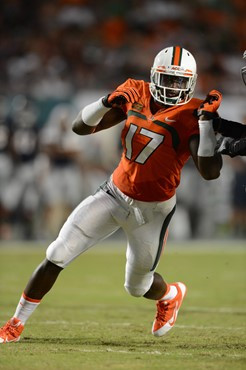 Linebacker Tyriq McCord #17 and the University of Miami Hurricanes defeated the Florida Atlantic Owls at Sun Life Stadium by a final score of 34-6 on...