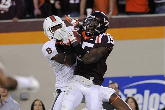Tommy Streeter battles for a ball in the 4th quarter - 2011 Miami Hurricanes Football @ Virginia