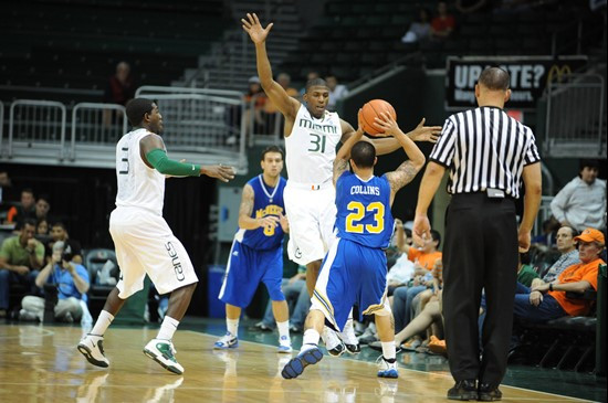University of Miami Hurricanes guard-forward DeQuan Jones #31 plays in a game against the Mcneese State Cowboys at the BankUnited Center on November...