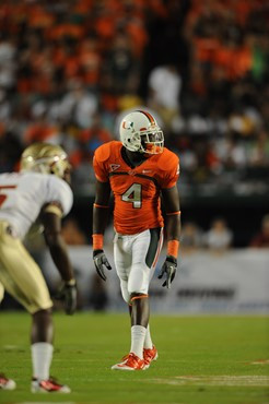 University of Miami Hurricanes wide receiver Aldarius Johnson #4 against the Florida State Seminoles at Sun Life Stadium on October 9, 2010.  Photo by...