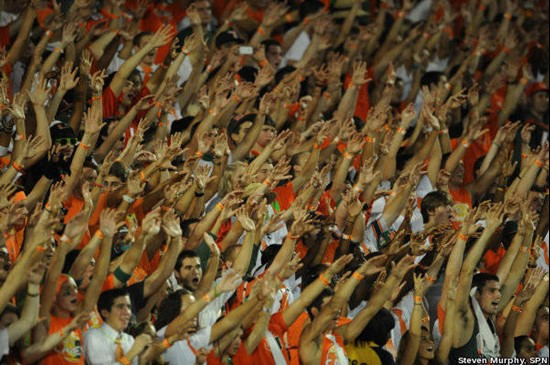 A University of Miami Hurricanes fan shows his team spirit in a game against the Virginia Cavaliers at Sun Life Stadium on October 27, 2011.  Photo by...