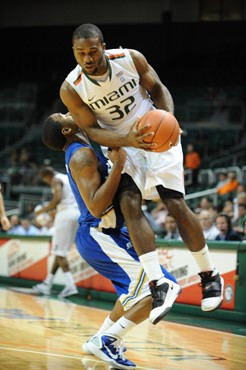 University of Miami Hurricanes forward Erik Swoope #32 plays in a game against the Mcneese State Cowboys at the BankUnited Center on November 24,...