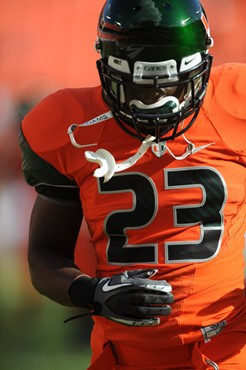University of Miami Hurricanes running back Eduardo Clements #23 warming up in a game against the Virginia Tech Hokies at Sun Life Stadium on November...
