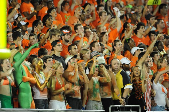 University of Miami Hurricane fans show their team spirit in a game against the Ohio State Buckeyes at Sun Life Stadium on September 17, 2011.  Photo...