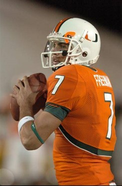 University of Miami quarterback Kirby Freeman #7 completed 13 passes on 26 attempts for 50 yards in a game against Boston College on November 23, 2006...