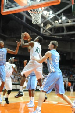 University of Miami Hurricanes forward, Raphael Akpejiori #10 and the Canes play host to the North Carolina Tar Heels at the BankUnited Center on...