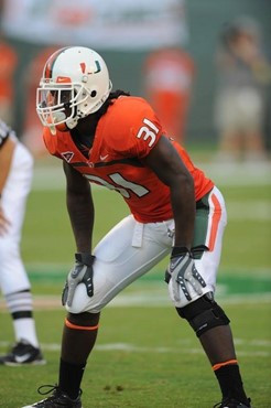University of Miami Hurricanes linebacker Sean Spence #31 plays in a game against the Clemson Tigers at Land Shark Stadium on October 24, 2009.  Photo...