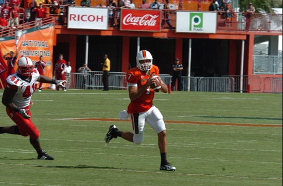 University of Miami quarterback Kirby Freeman #7 in a game against the North Carolina State Wolfpack at the Orange Bowl on November 3, 2007.    Photo...