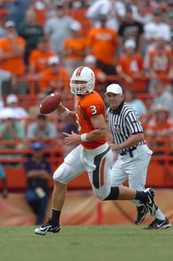 University of Miami quarterback Kyle Wright #3 rushes in a game against the Georgia Tech Yellow Jackets at the Orange Bowl on October 13, 2007.  The...