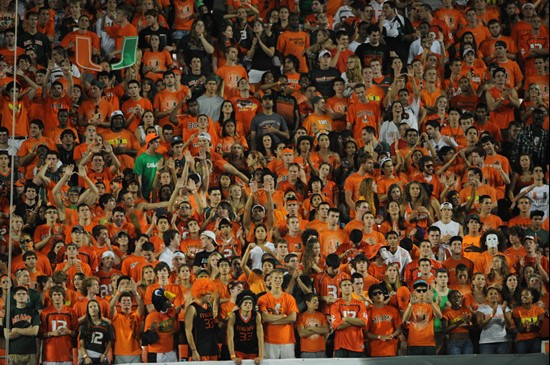 University of Miami Hurricane fans show their team spirit in a game against the North Carolina Tar Heels at Sun Life Stadium on October 23, 2010. ...