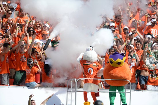 Sebastian the Ibis entertains the University of Miami Hurricane fans during a game against the Wake Forest Demon Deacons at Sun Life Stadium on...