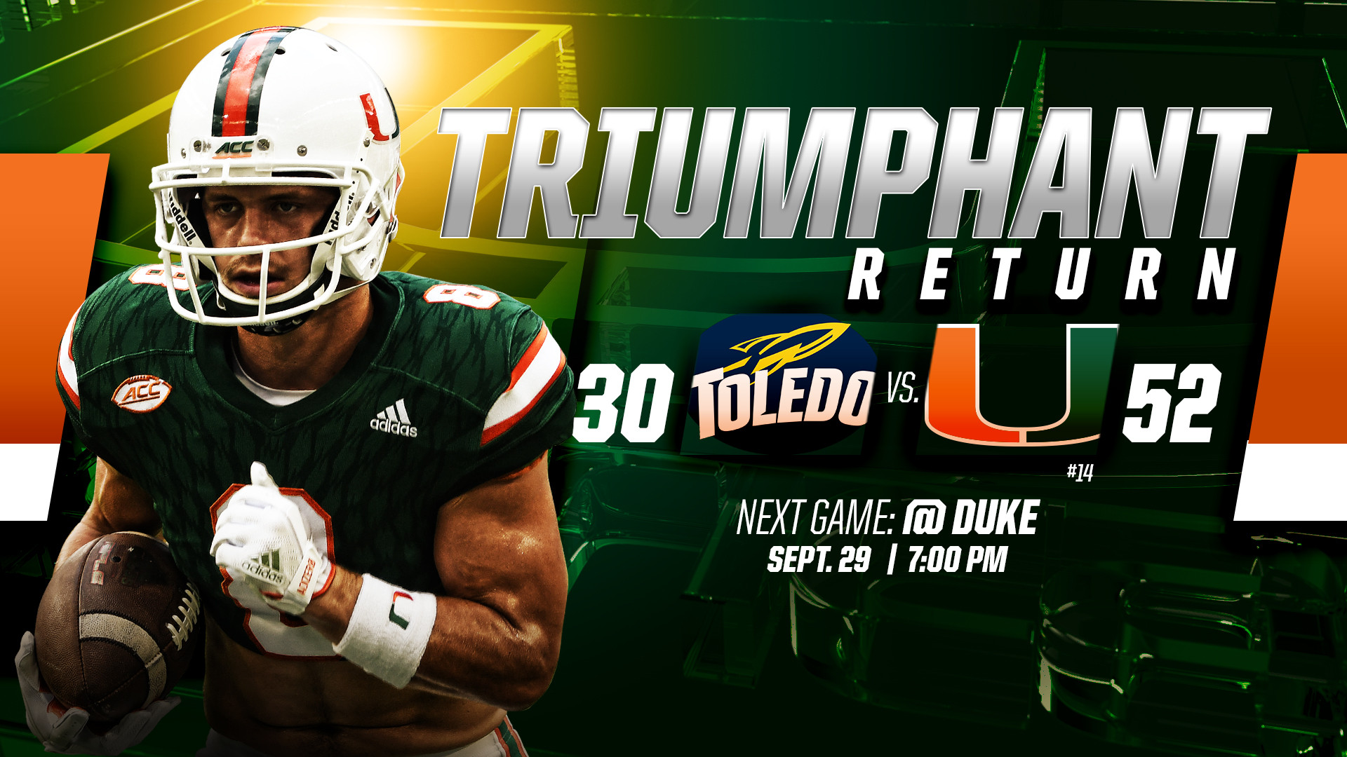 Second Half Surge Pushes Canes Past Toledo, 52-30