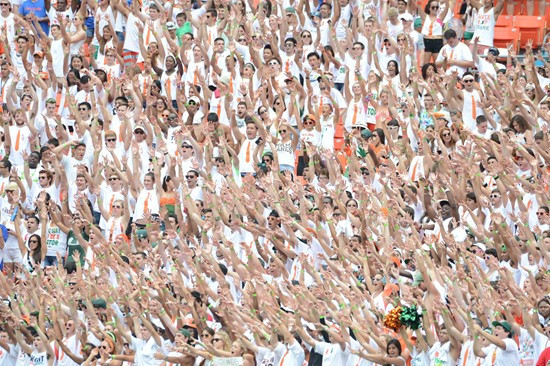 University of Miami Hurricane fans show their team spirit by dressing in white and creating a ?White Out? in a game against the #12 ranked University...