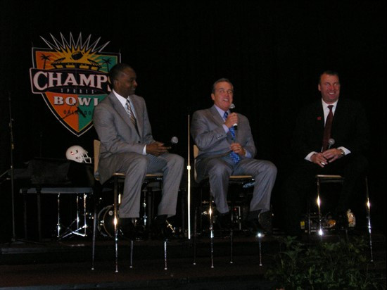 Randy Shannon, ESPN's Brad Nessler and Wisconsin head coach Bret Bielema at Monday's Champs Sports Bowl Kickoff Luncheon at the Marriott World Center...