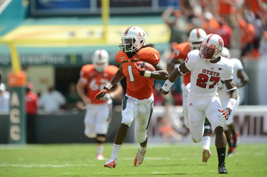 University of Miami Hurricanes wide receiver Allen Hums #1 runs in a game against the North Carolina State Wolfpack at Sun Life Stadium on September...