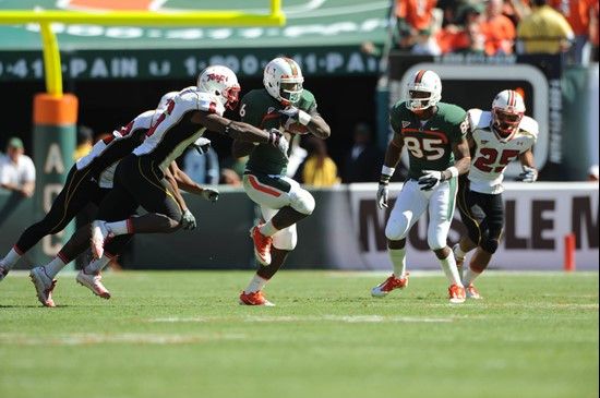 University of Miami Hurricanes running back Lamar Miller #6 carries the ball against the Maryland Terrapins at Sun Life Stadium on November 6, 2010. ...