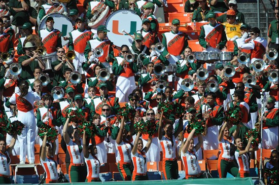 The University of Miami Band of the hour performs for fans in a game against the Maryland Terrapins at Sun Life Stadium on November 6, 2010.  Photo by...