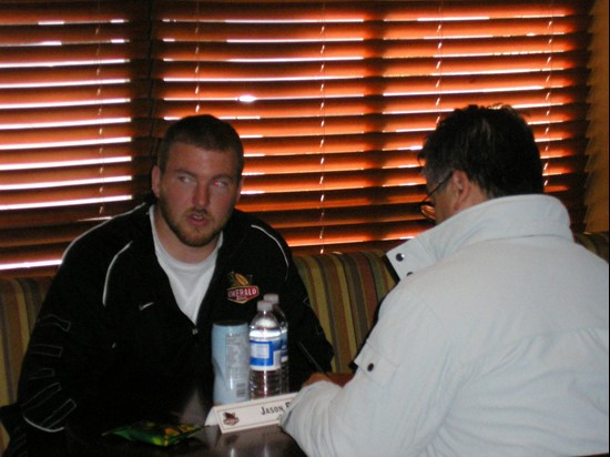 Junior offensive lineman Jason Fox speaks with reporters at AT&T Park on Tuesday.