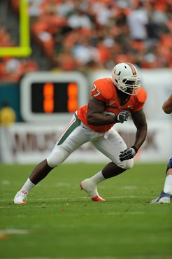 University of Miami Hurricanes defensive lineman Adewale Ojomo #97 plays in a game against the Duke Blue Devils at Sun Life Stadium on November 5,...