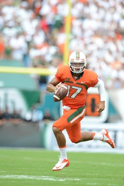 University of Miami Hurricanes linebacker Tyriq McCord #17 plays in a game against the #12 ranked University of Florida Gators at Sun Life Stadium on...