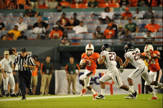 University of Miami Hurricanes wide receiver Travis Benjamin #3 plays in a game against the Virginia Cavaliers at Sun Life Stadium on October 27,...