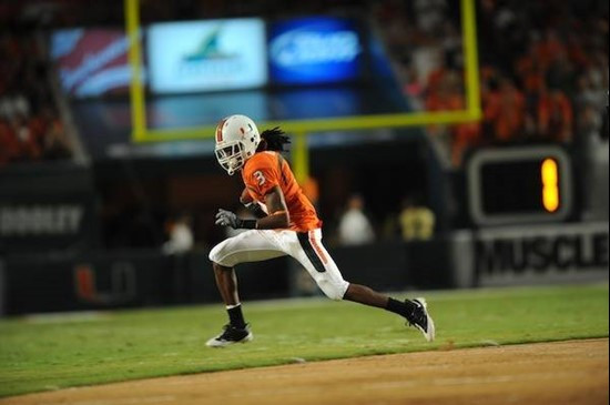 University of Miami Hurricanes wide receiver Travis Benjamin #3 plays in a game against the Georgia Tech Yellow Jackets at Land Shark Stadium on...