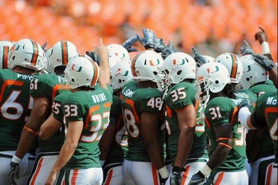 University of Miami Hurricane players meet at the 50 yard line in a sign of unity before a game against the Duke Blue Devils at Land Shark Stadium on...