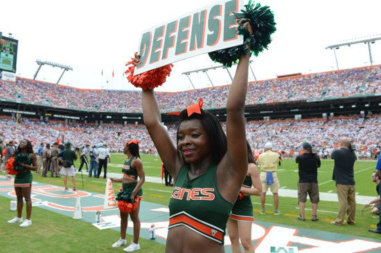 University of Miami Hurricane cheerleader?s show their team spirit in a game against the #12 ranked University of Florida Gators at Sun Life Stadium...