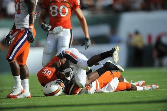 University of Miami Hurricanes wide receiver Leonard Hankerson #85 catches a pass in a game against the Clemson Tigers at Land Shark Stadium on...