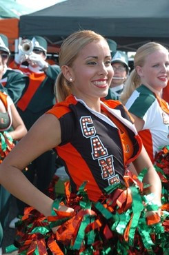 University of Miami Hurricane cheerleader&acirc;?<sup>TM</sup>s show their team spirit in a game against the Clemson Tigers at Land Shark Stadium on...