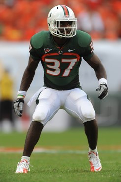 University of Miami Hurricanes defensive back Jared Campbell #37 plays in a game against the University of South Florida Bulls at Sun Life Stadium on...