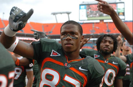 University of Miami Hurricanes wide receiver Sam Shields #83 salutes fans as they sing the Alma Mater.  Shields had an excellent game on special teams...