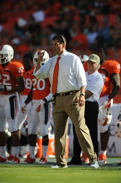 University of Miami Hurricanes head coach Al Golden on the sidelines in a game against the Georgia Tech Yellow Jackets at Sun Life Stadium on October...