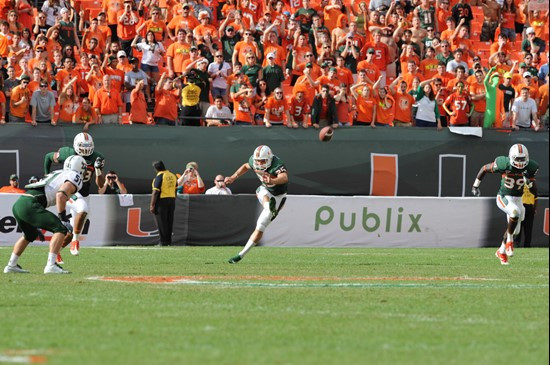 University of Miami Hurricanes kicker/punter Matt Bosher #25 kicks in a game against the University of South Florida Bulls at Sun Life Stadium on...